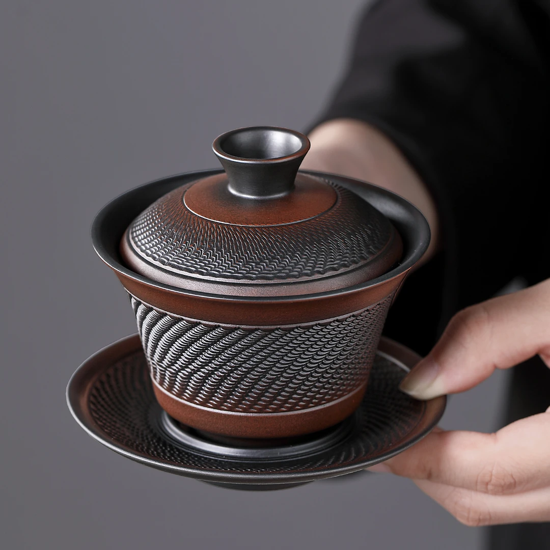 煌山紫陶跳刀三才盖碗茶杯单个家用高档防烫泡茶具礼品送人茶碗