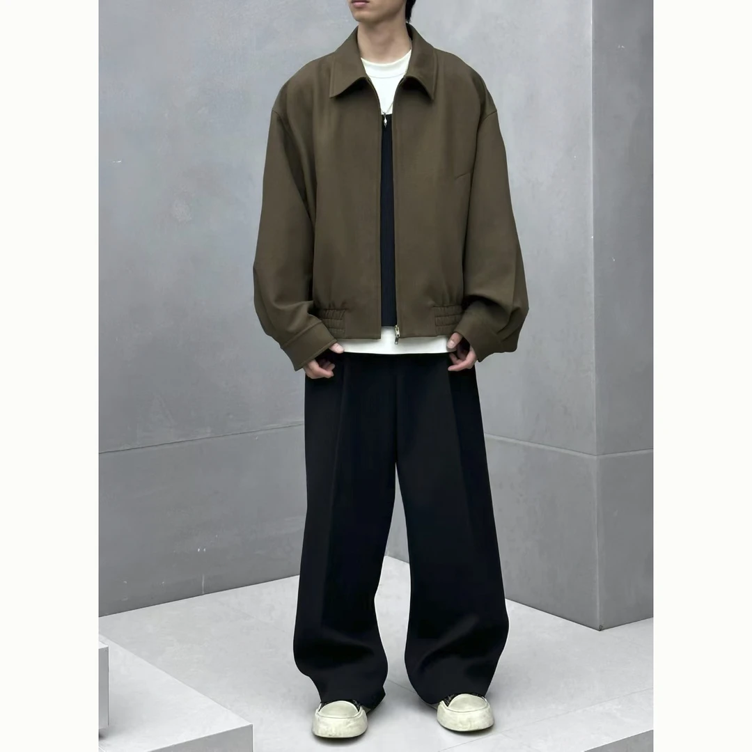 黑L1 棕S1  47348 黑标醋酸天丝羊毛混纺奢品翻领夹克简约短廓