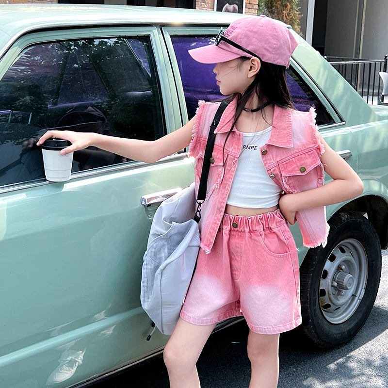 【毛妈潮牌】女童夏季辣妹风牛仔马甲短裤套装2025中大童时髦两件套