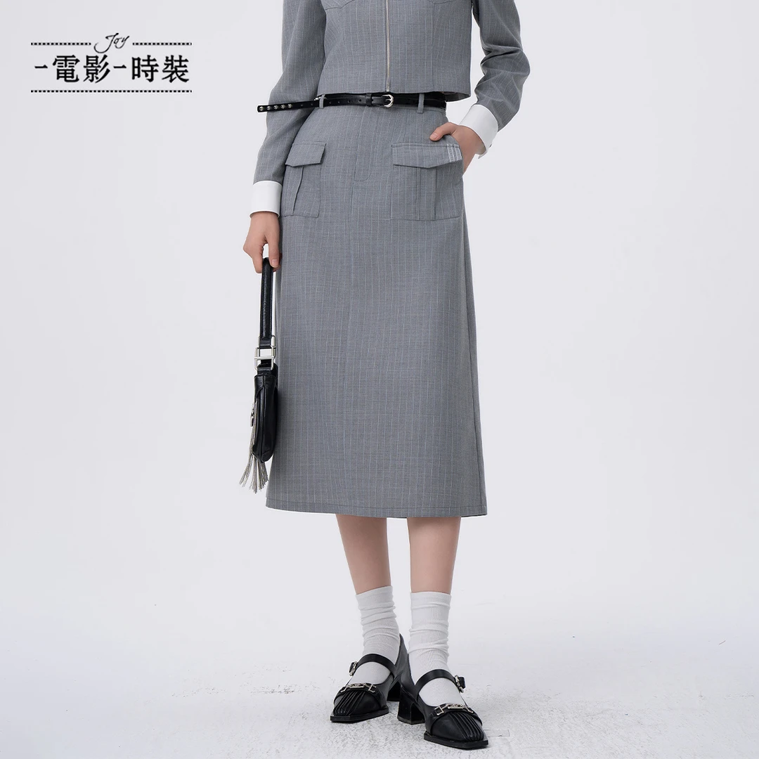 【九月专属】一电影一时装高级灰气质条纹中长款半身裙FFEQ115441