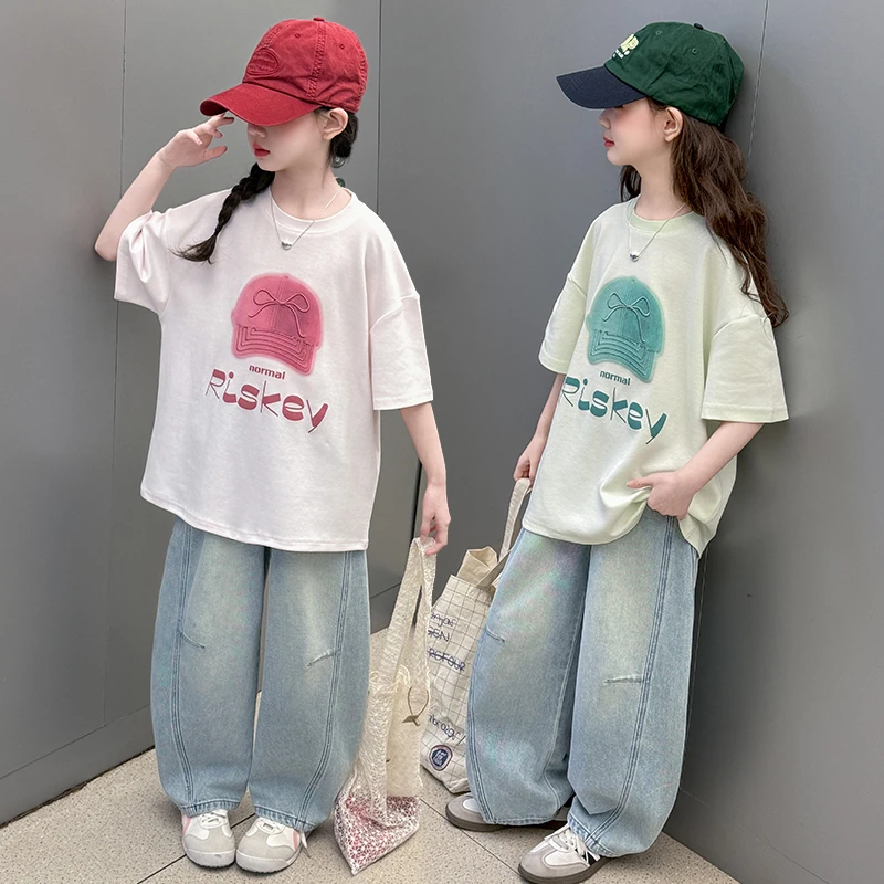 女童夏装短袖套装2025新款中大儿童夏季半袖T恤牛仔弯刀阔腿裤子