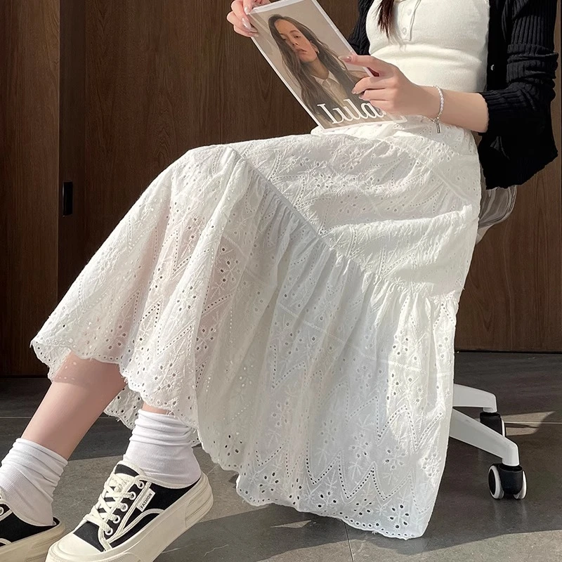 白色半身裙垂感春夏2025年新款中裙显瘦小个子高级感仙镂空女裙子