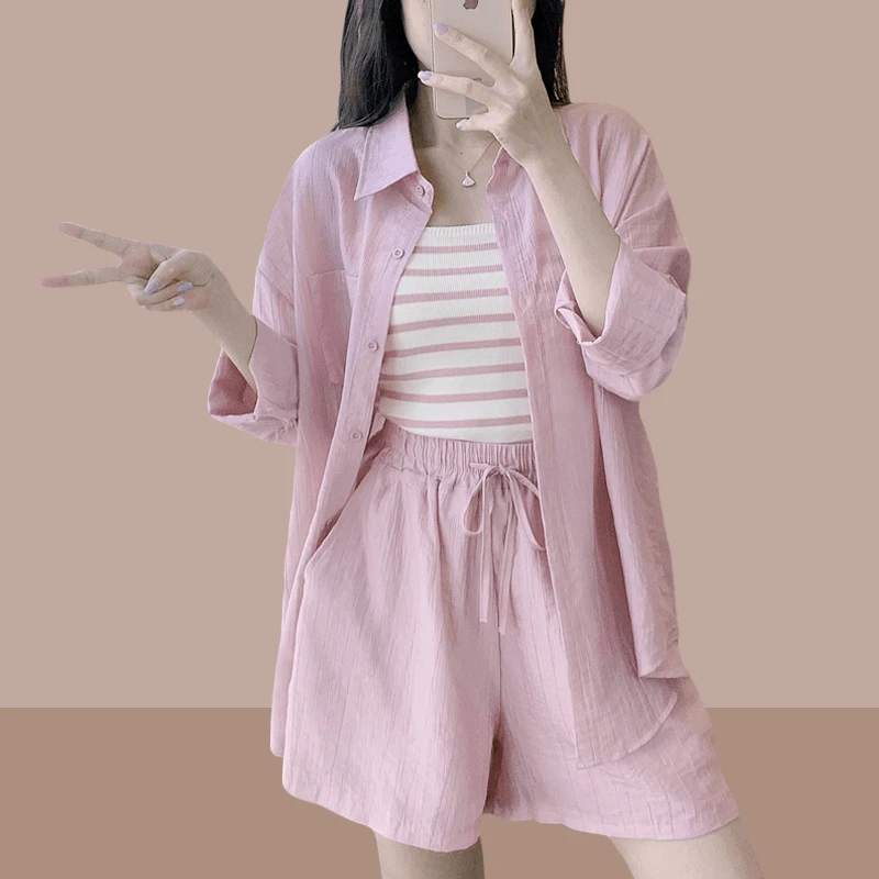 五一出游穿搭女装夏季小个子薄款防晒衫衬衫背心短裤子气质三件套