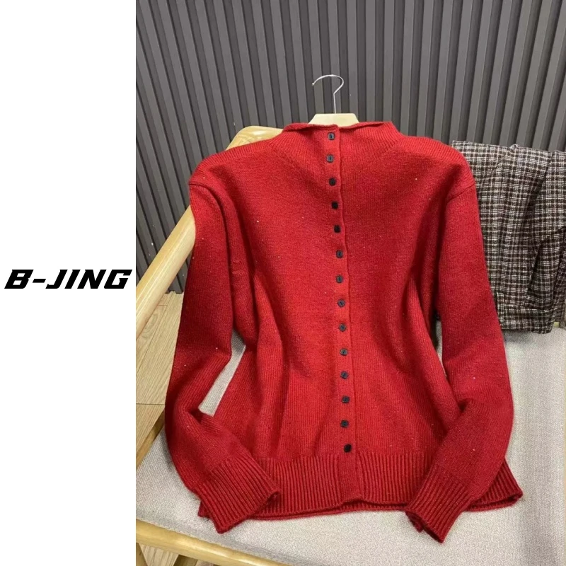 【莎莎家】14扣子羊毛开衫网红时尚百搭高领气质圆领秋冬