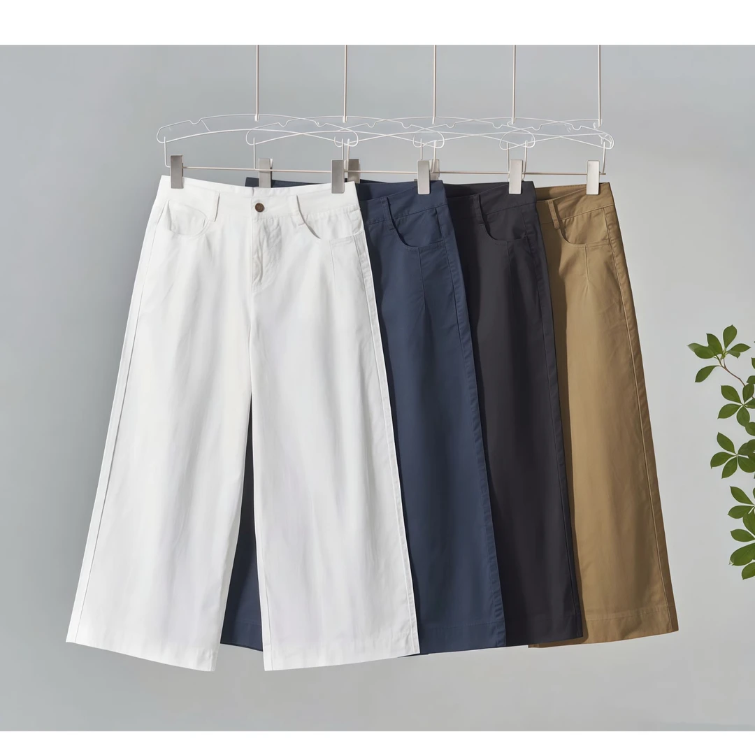 白色八分休闲裤裤子外穿高腰显瘦百搭宽松阔腿直筒新款休闲裤时尚