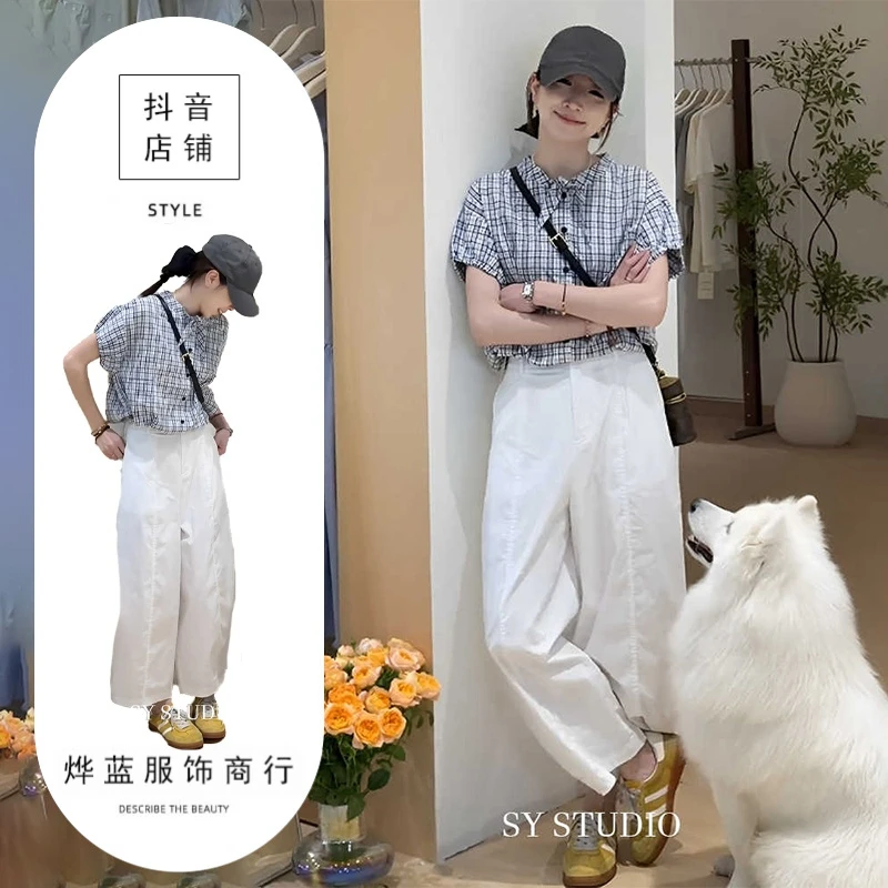 独特漂亮夏装两件套韩系百搭休闲格子衬衫直筒休闲裤洋气减龄套装