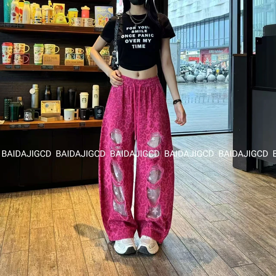 工厂店-（时尚前卫）新款洗水棉镂空设计高腰豹纹休闲阔腿裤（9035）
