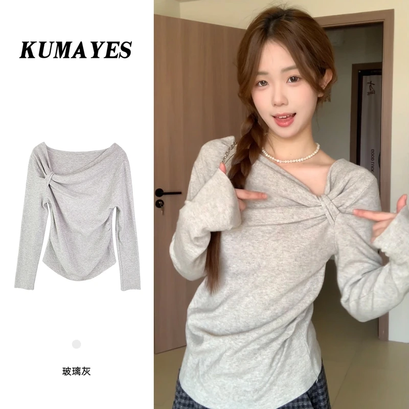 KUMAYES斜肩打结压褶修身显瘦长袖针织衫女别致套头短款内搭上衣