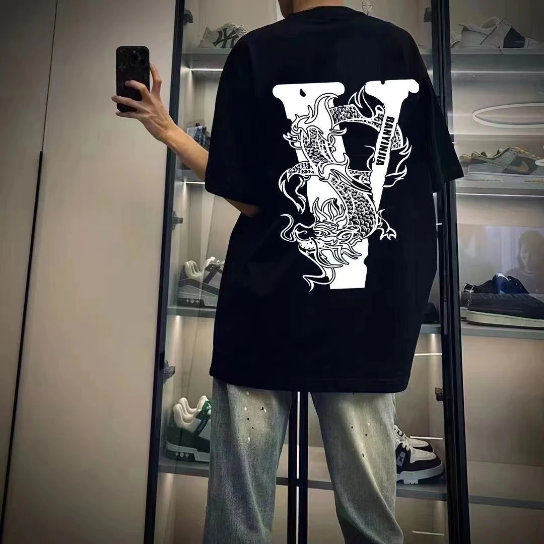 特大码300斤网红纯棉复古i夏装短袖t恤男女设计感街头ins黑色上衣