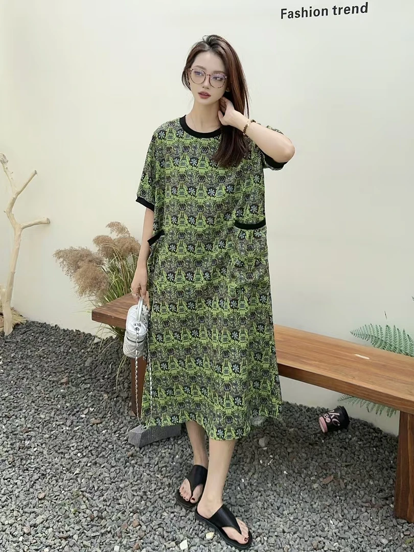 （黑边款多色）夏季短袖螺纹连衣裙棉绸薄款女宽松外穿休闲时尚百搭