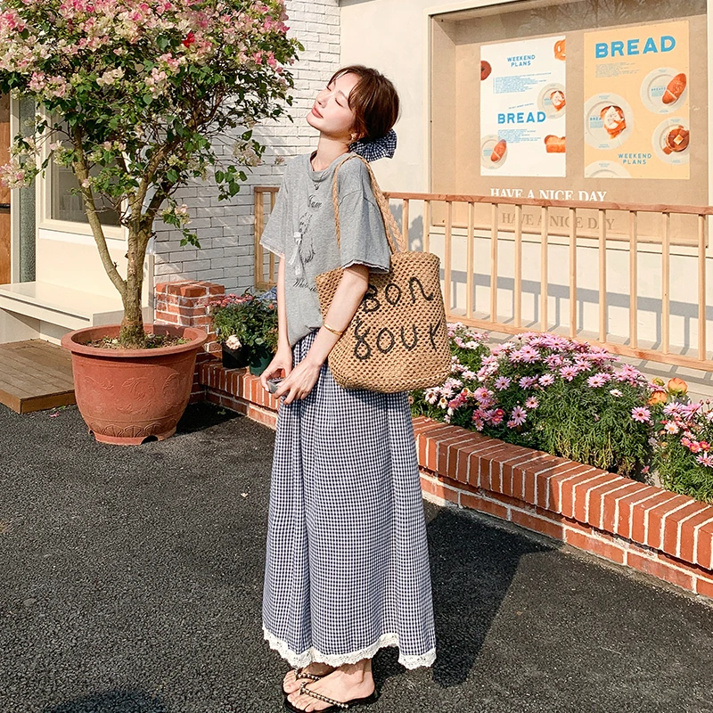 韩系休闲套装裙裤女2025夏季新款时尚减龄T恤格子阔腿裤两件套