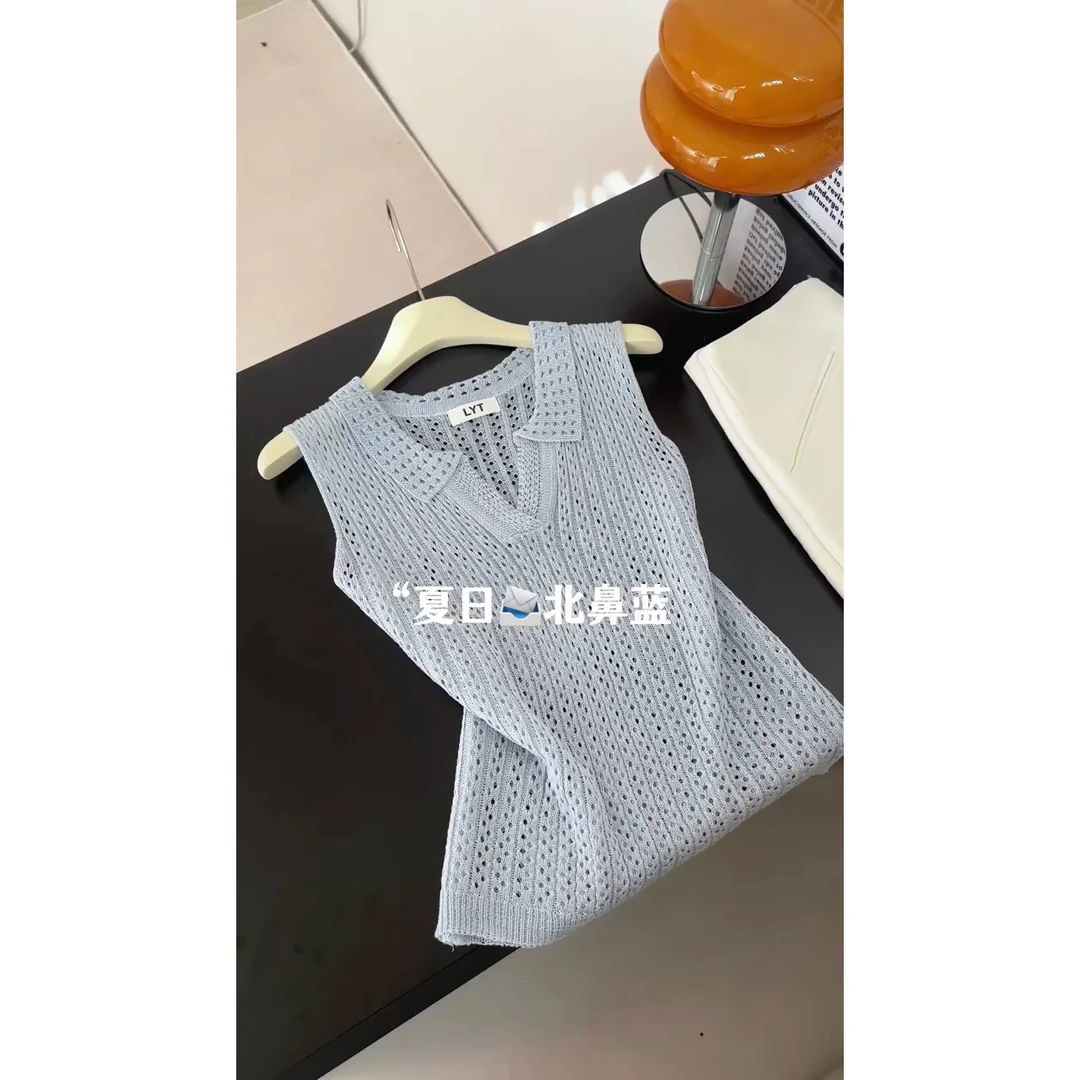 法式甜美气质polo领针织镂空无袖背心女夏季超好看百搭显瘦薄上衣