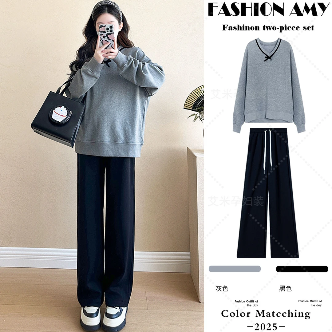孕妇装秋装套装新款时尚简约气质蝴蝶结V领长袖卫衣休闲阔腿裤子1