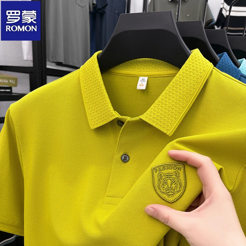 罗蒙休闲夏季含桑蚕丝刺绣半袖柔软舒适短袖翻领POLO衫宽松透气