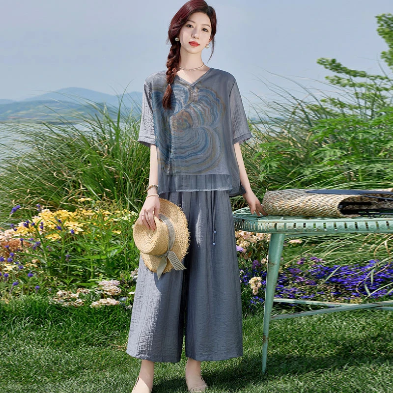 中年妈妈印花套装女2025夏季新款宽松遮肉显瘦坠感阔腿裤两件套潮