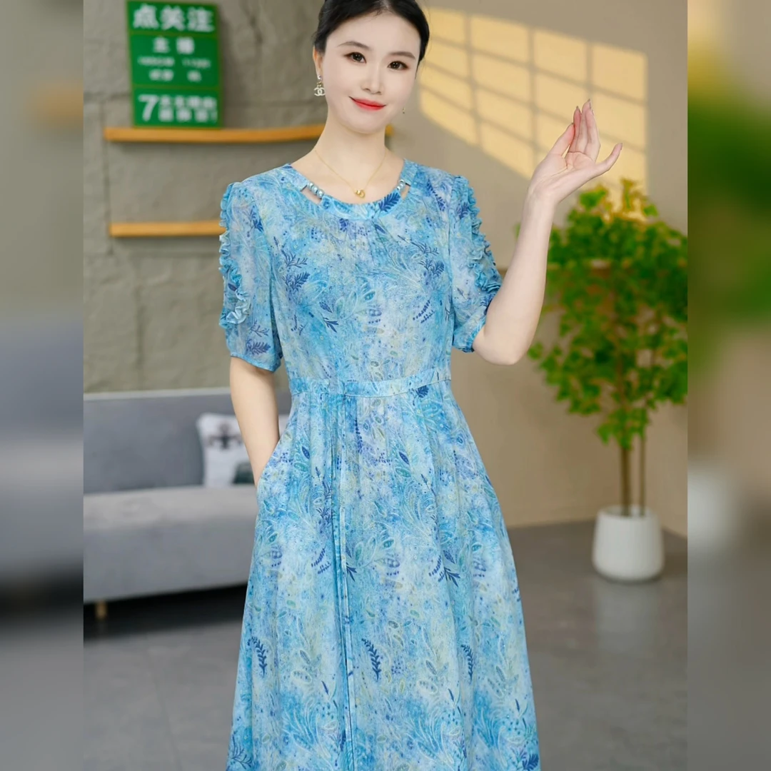 2025新款夏季气质修身显瘦收腰洋气中长款连衣裙短袖时尚妈妈装