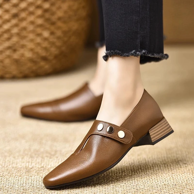 欧美风方头深口单鞋女2025年春秋新款舒适软皮低跟粗跟小皮鞋女