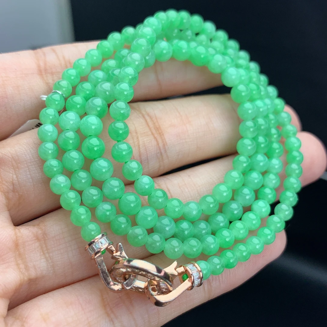 四会 缅甸A货翡翠冰透果绿满色圆珠项链珠链T/3.5-4.3mm/550mm