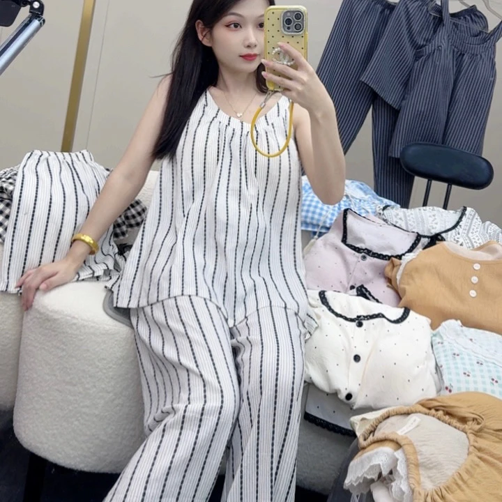 【R629】法式经典条纹挂脖吊带家居服短裤+长裤三件套+胸垫