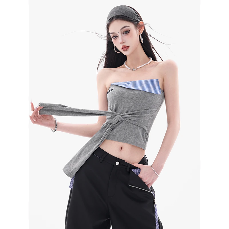 ABWEAR 海岛心愿-原创美式辣妹风拼接抹胸女修身百搭显瘦绑带上衣