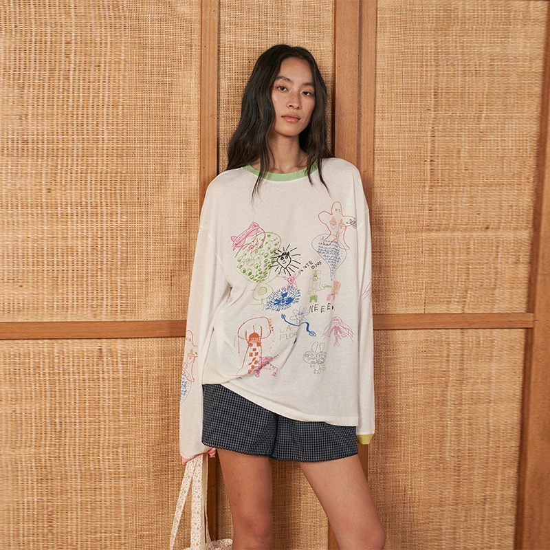 THE ENES 趣味彩铅简笔画撞色防晒T恤女宽松上衣夏