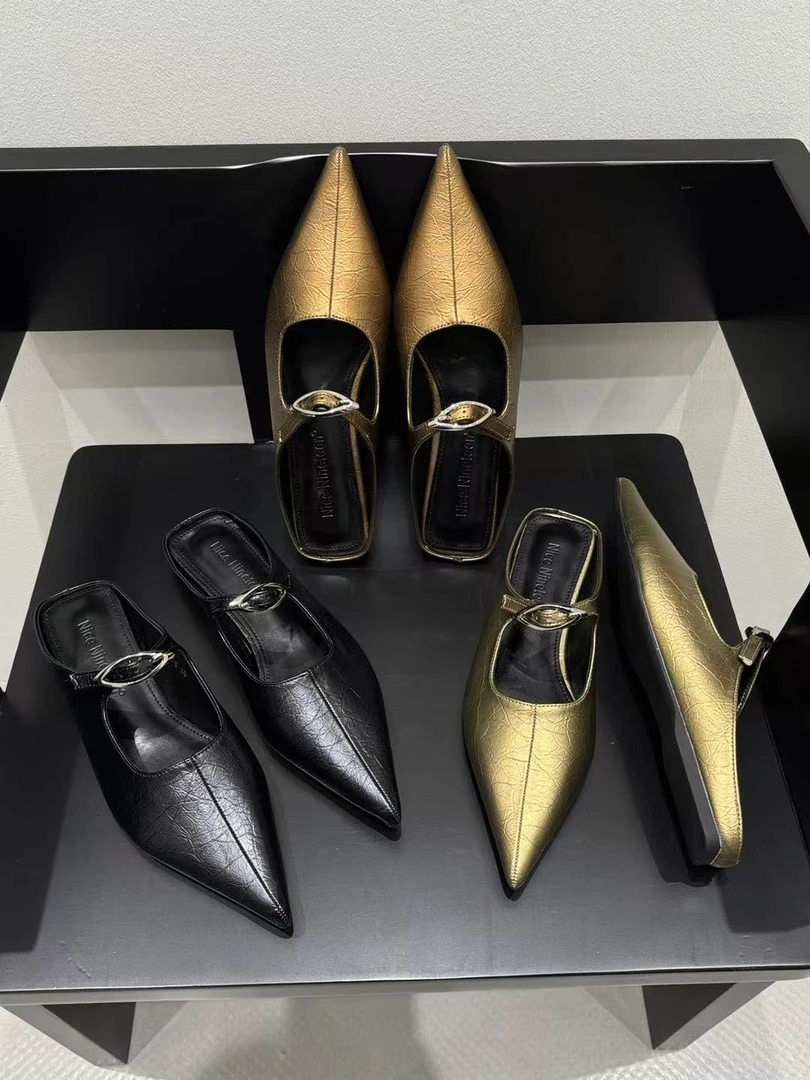 2025春季新款鞋子女时尚气质欧美风尖头女鞋搭扣平底包头半拖鞋女