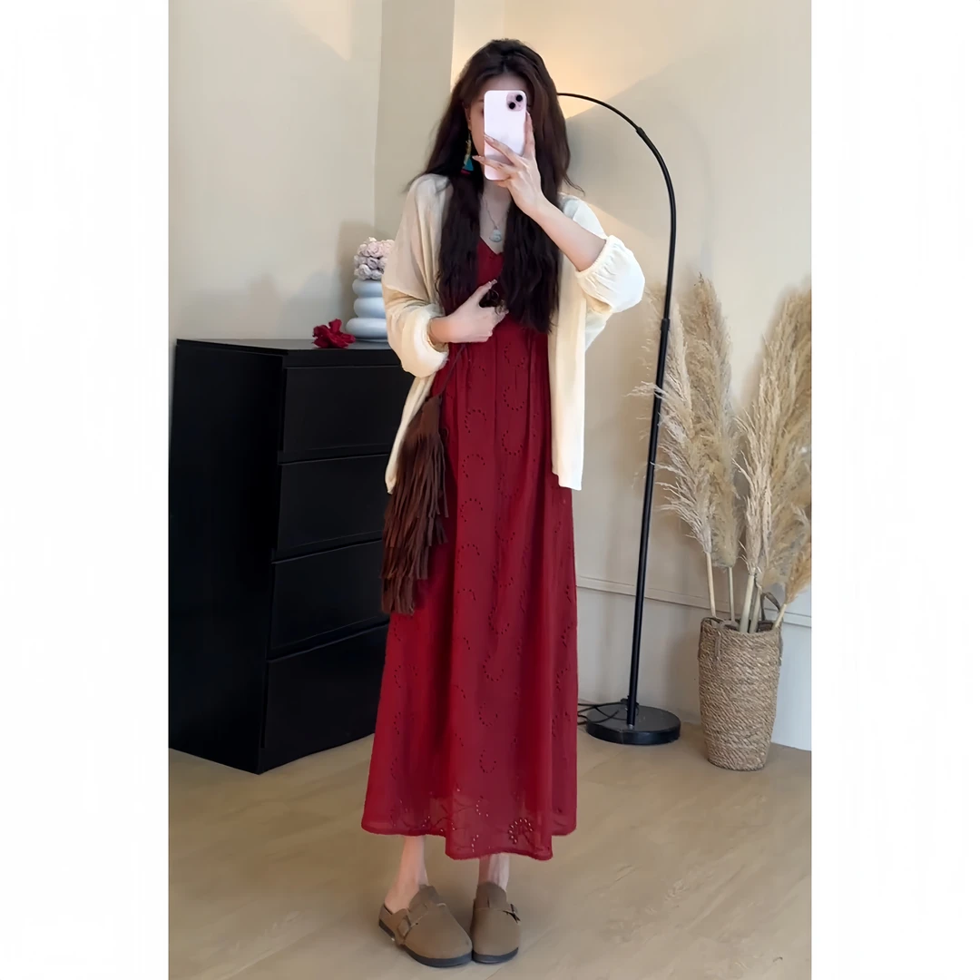 大码女装2025秋季新款气质吊带连衣裙韩版宽松遮肉开衫显瘦长裙