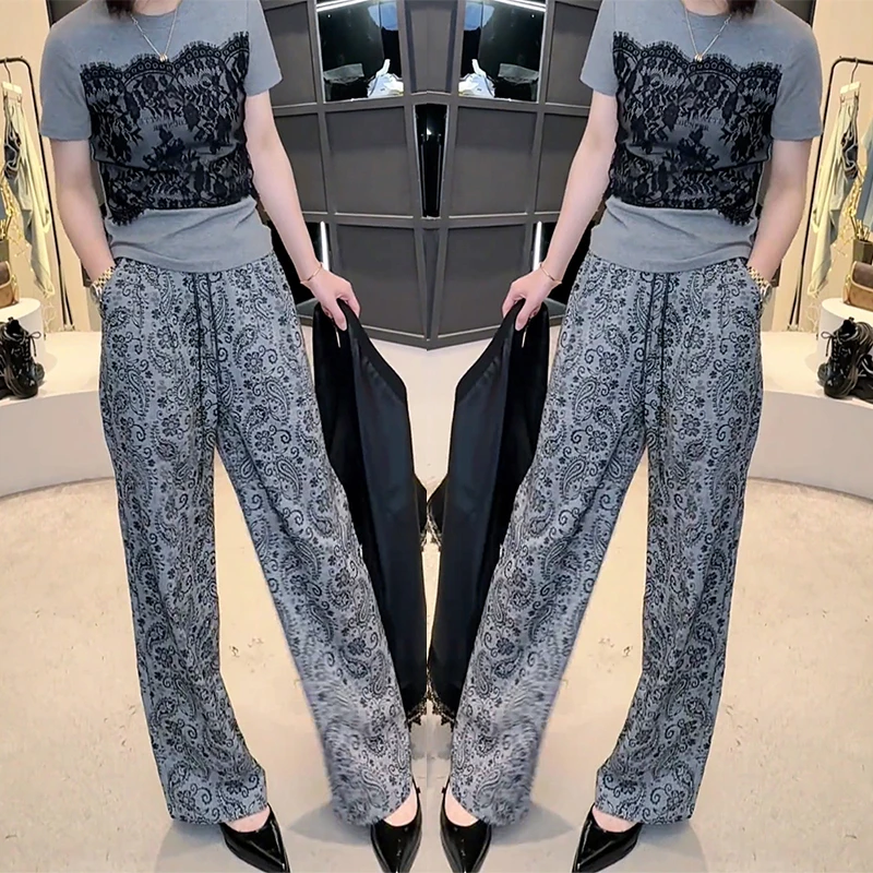 设计感显瘦软糯透气直筒新款民族风休闲裤女夏季抽绳高腰阔腿长裤