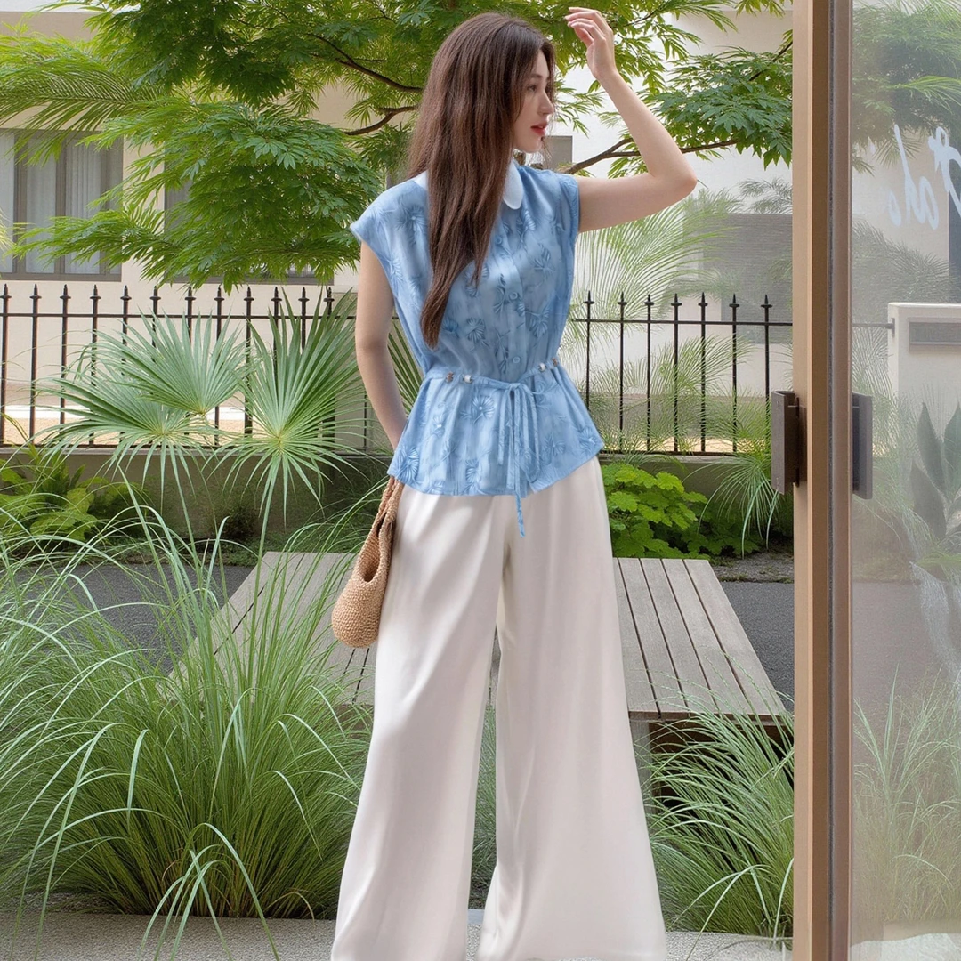 C【两件套】【有里布】2025新款时尚简约翻领小衫阔腿裤两件套D2786