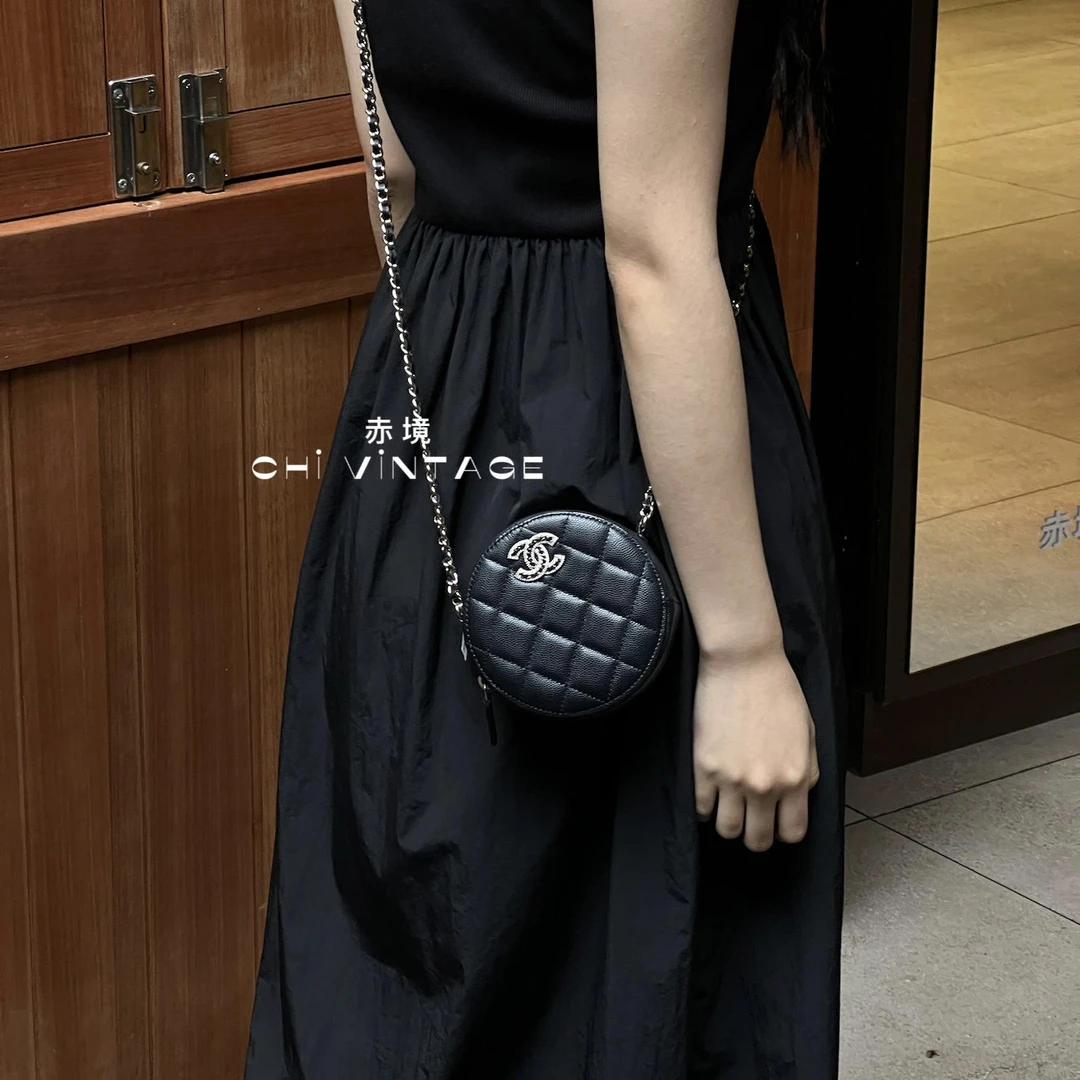 99新 Chanel/香奈儿 5723 黑金22s荔枝牛皮圆饼斜挎包