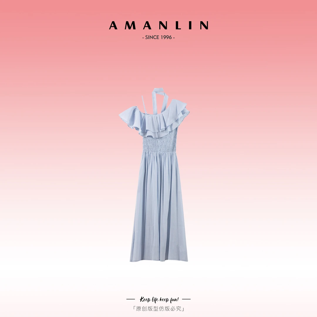 AMANLIN/阿谩琳夏季少女感挂脖欧若风百搭纯色纱网连衣裙D595879