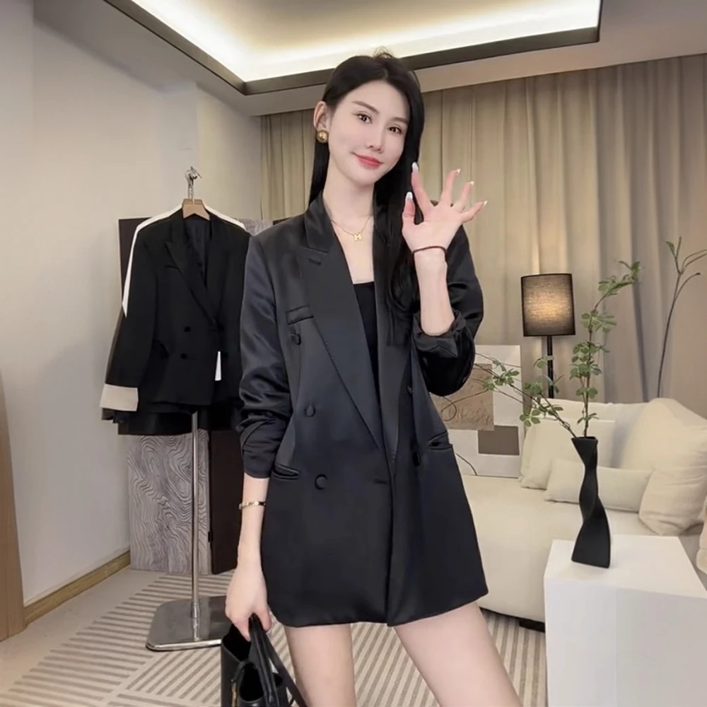 缎面白色西装外套女2025春秋季新款韩版宽松休闲阔版西服上衣