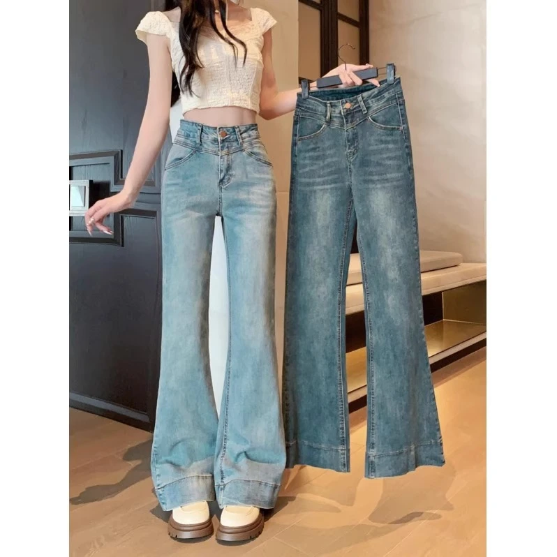 美式复古微喇叭牛仔裤女2025春秋季新款高腰显瘦直筒拖地牛仔裤子