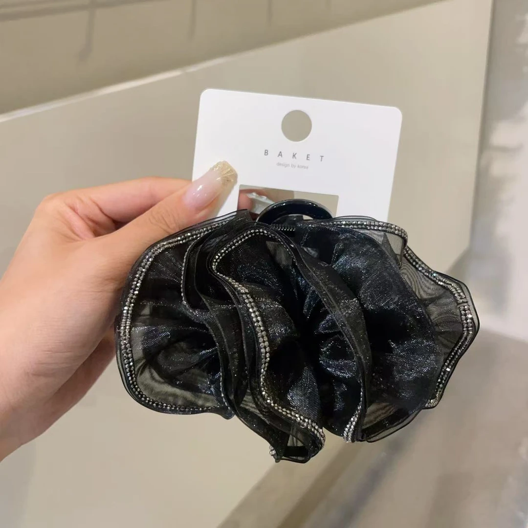 韩国东大门baket发饰褶皱网纱花朵水钻抓夹