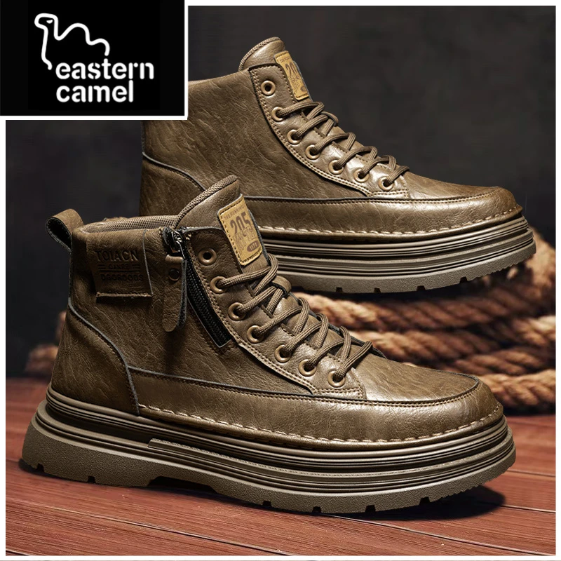 东方骆驼马丁靴男鞋2025秋冬新款高帮工装英伦短靴皮面中帮板鞋子
