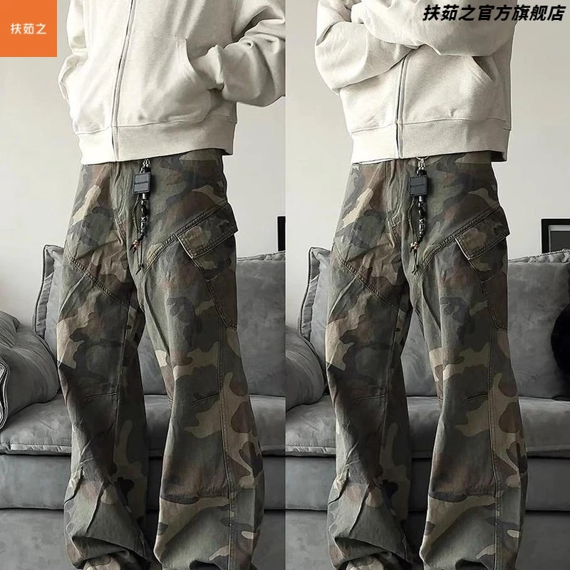 美式斜袋迷彩工装裤男士做旧直筒休闲裤春秋直筒裤子男款