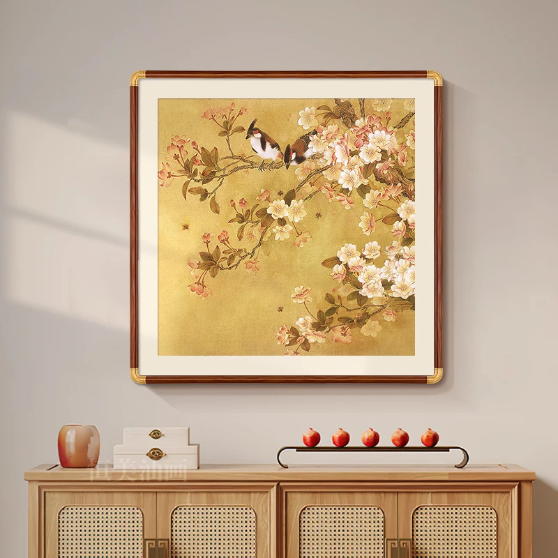 新中式花鸟装饰画纯手绘油画餐厅挂画中古风2025新款玄关过道壁画