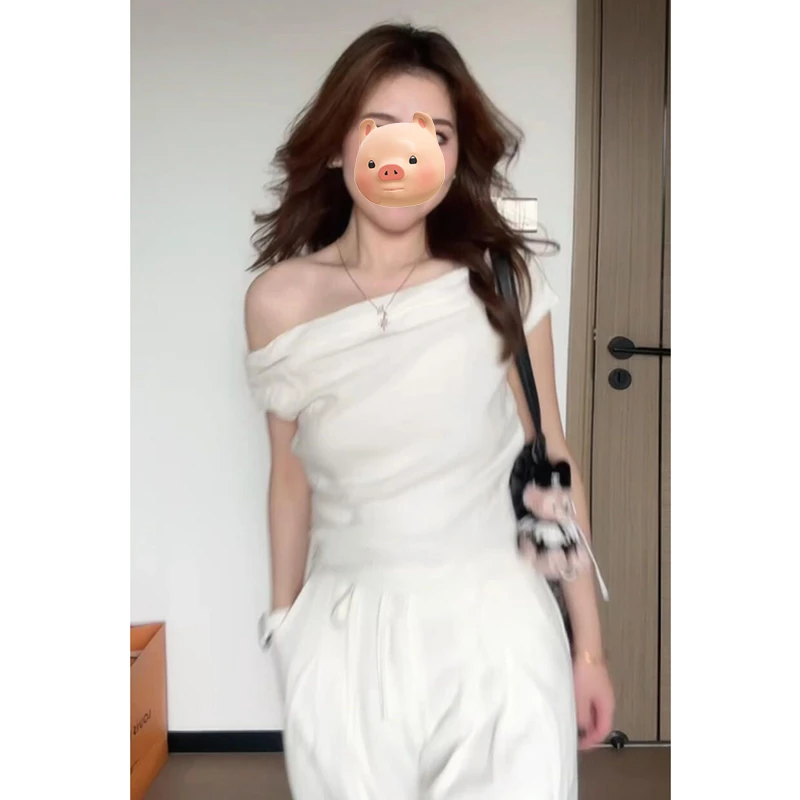 法式不规则白色斜肩短袖T恤女夏季特别漂亮掐腰修身辣妹露肩上衣