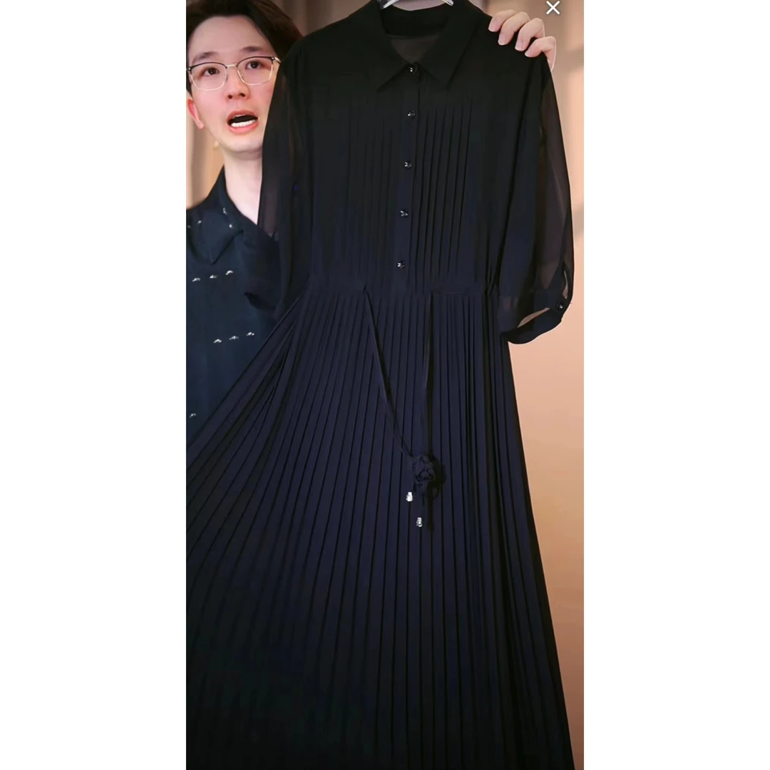 新C3中袖小黑裙宽松连衣裙女装连衣裙显瘦黑色长款设计师