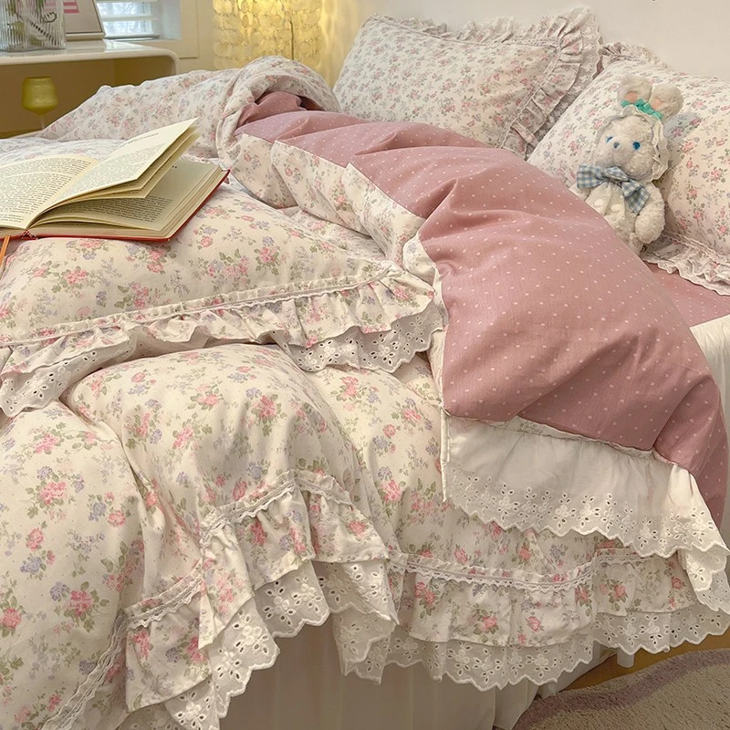 轻奢花边全棉床上四件套公主风纯棉花被套女床单三件套床裙款床品