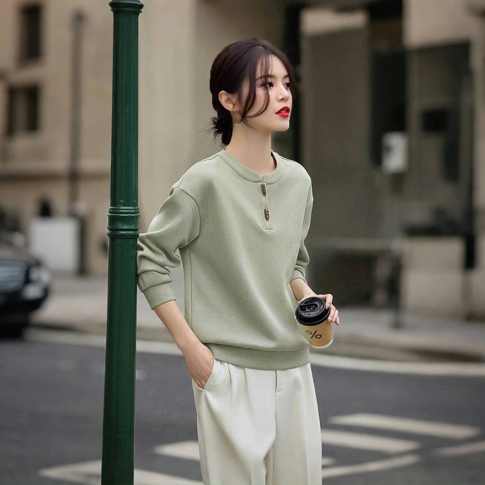 新中式国风牛角扣棉质卫衣女2026春秋新款纯色外套设计感立领上衣