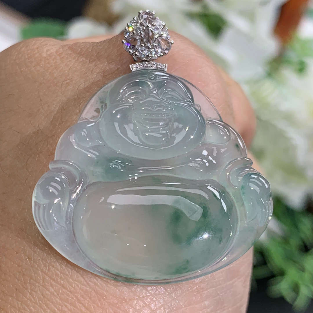 尺寸31.8×34.6×5.5缅甸天然翡翠A货18k金正冰飘花一刀切佛公吊坠