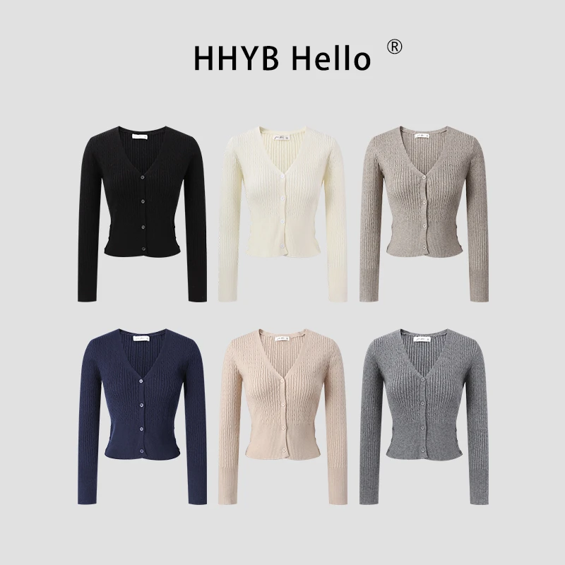 HHYB Hello竖纹纽扣V领针织开衫女2025秋季新款显瘦短款上衣M1364