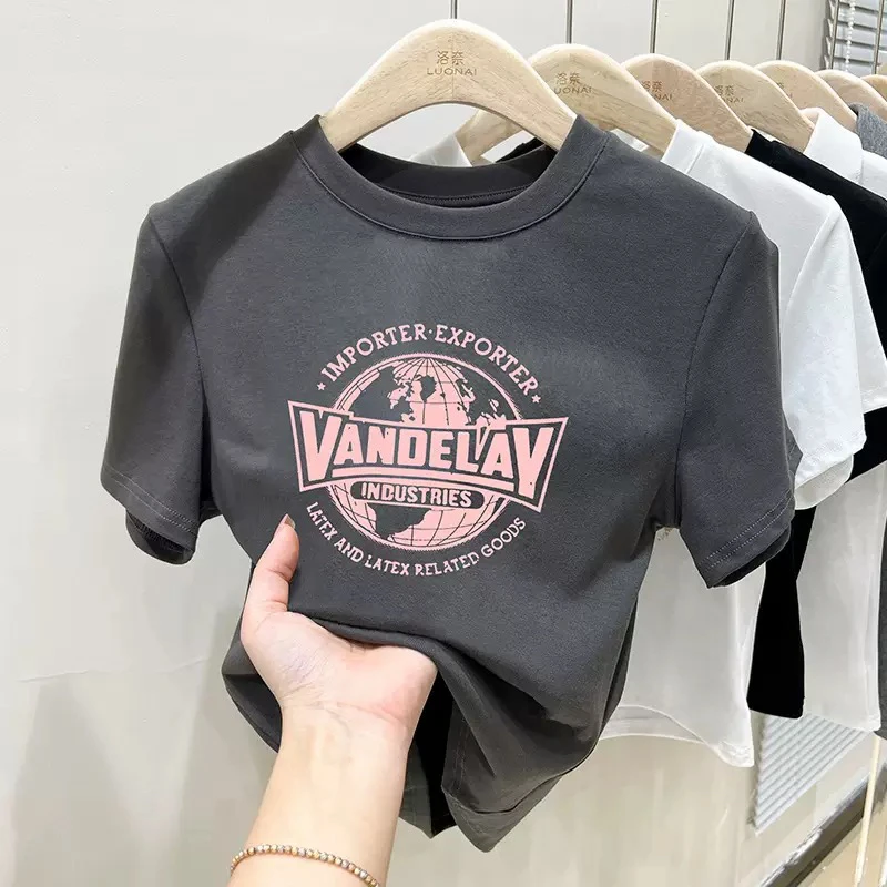 EUJE欧洲站百搭印花高级感洋气t恤高腰女上衣休闲运动