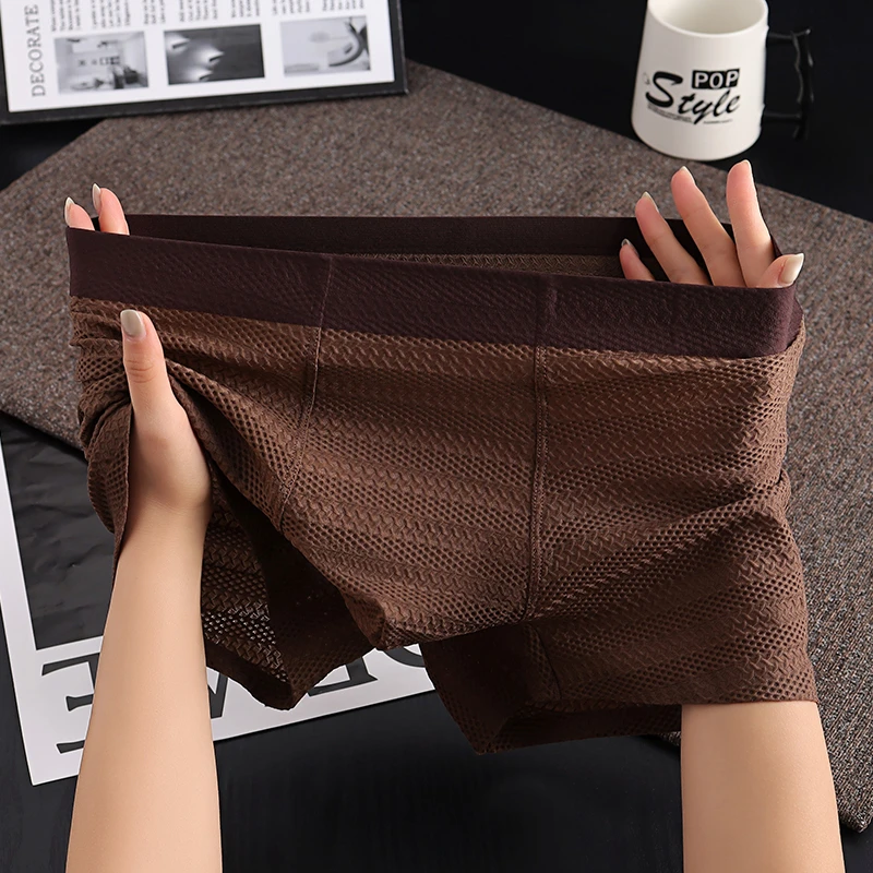 中腰男士内裤纯色简约男款平角裤透气欧美短裤冰丝款休闲纹理裤衩