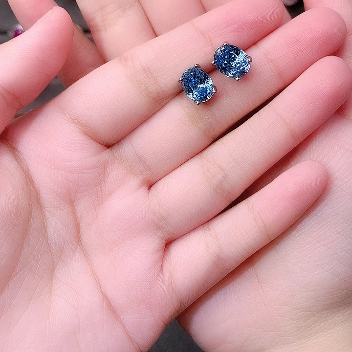 银S925镶嵌耳钉海蓝宝石
