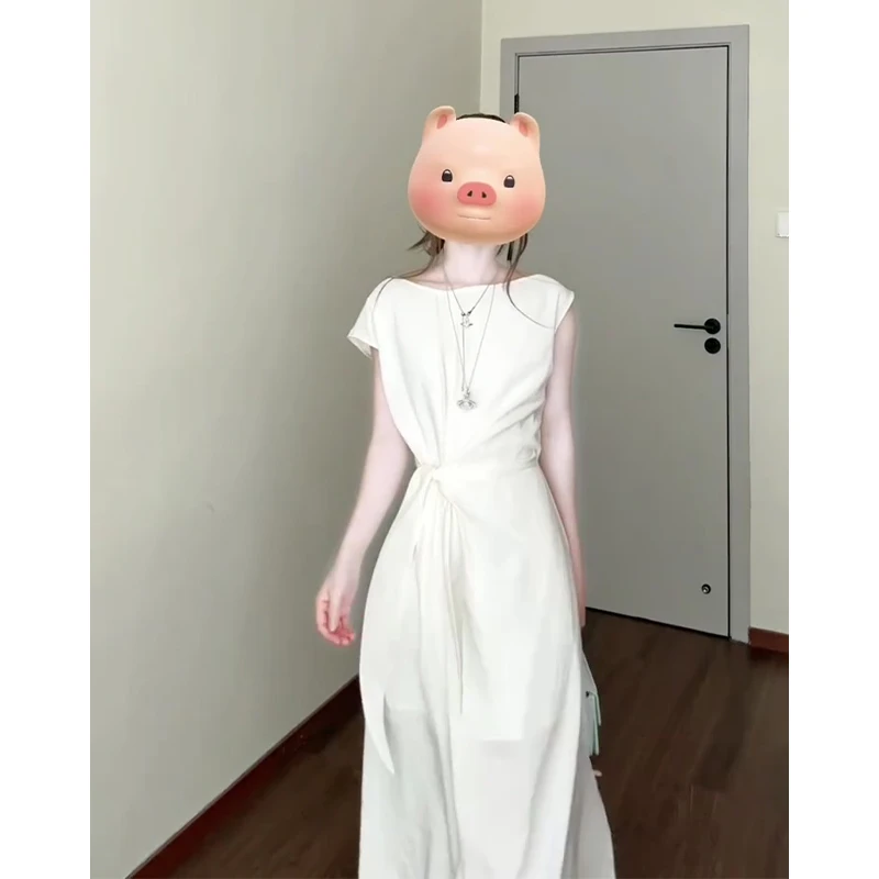 设计感连衣裙女2025夏季新款法式气质系带收腰显瘦短袖中长款裙子