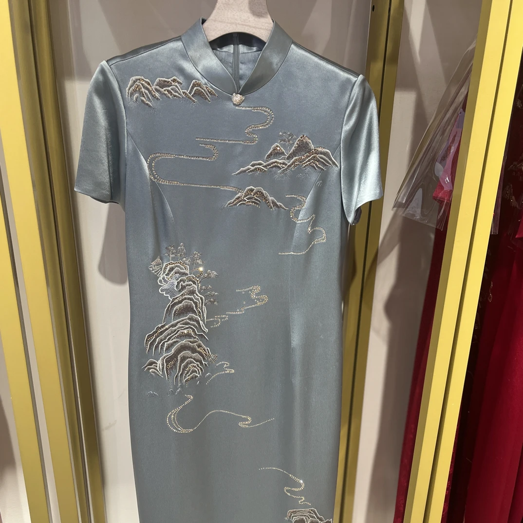 印染时尚日常旗袍提花约会长裙婚礼直襟中式气质优雅