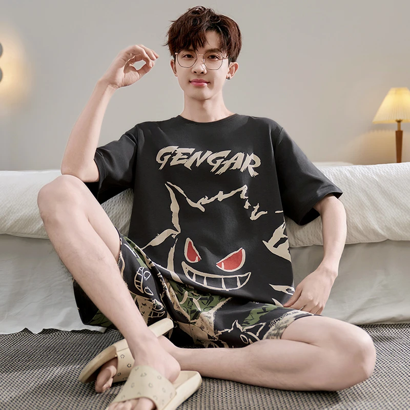 夏季男士可外穿睡衣男款夏天薄款短袖短裤套装男款青年卡通家居服