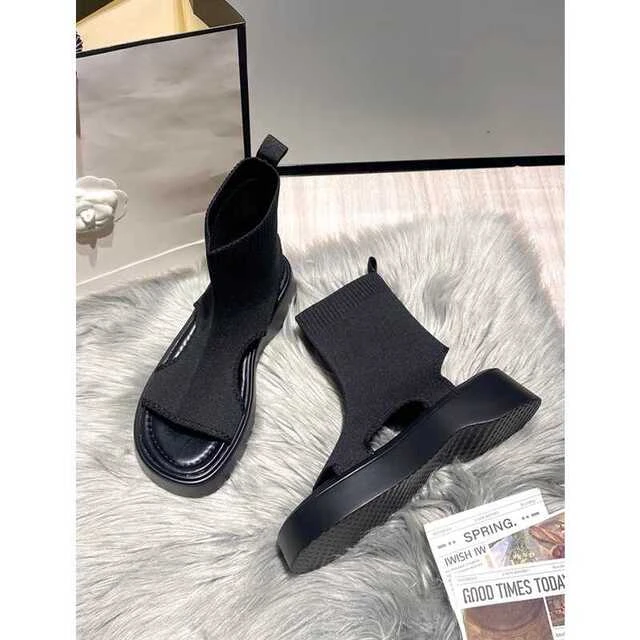 复古一脚蹬高帮露趾凉鞋女2025夏新款厚底舒适软底不累脚中筒凉靴